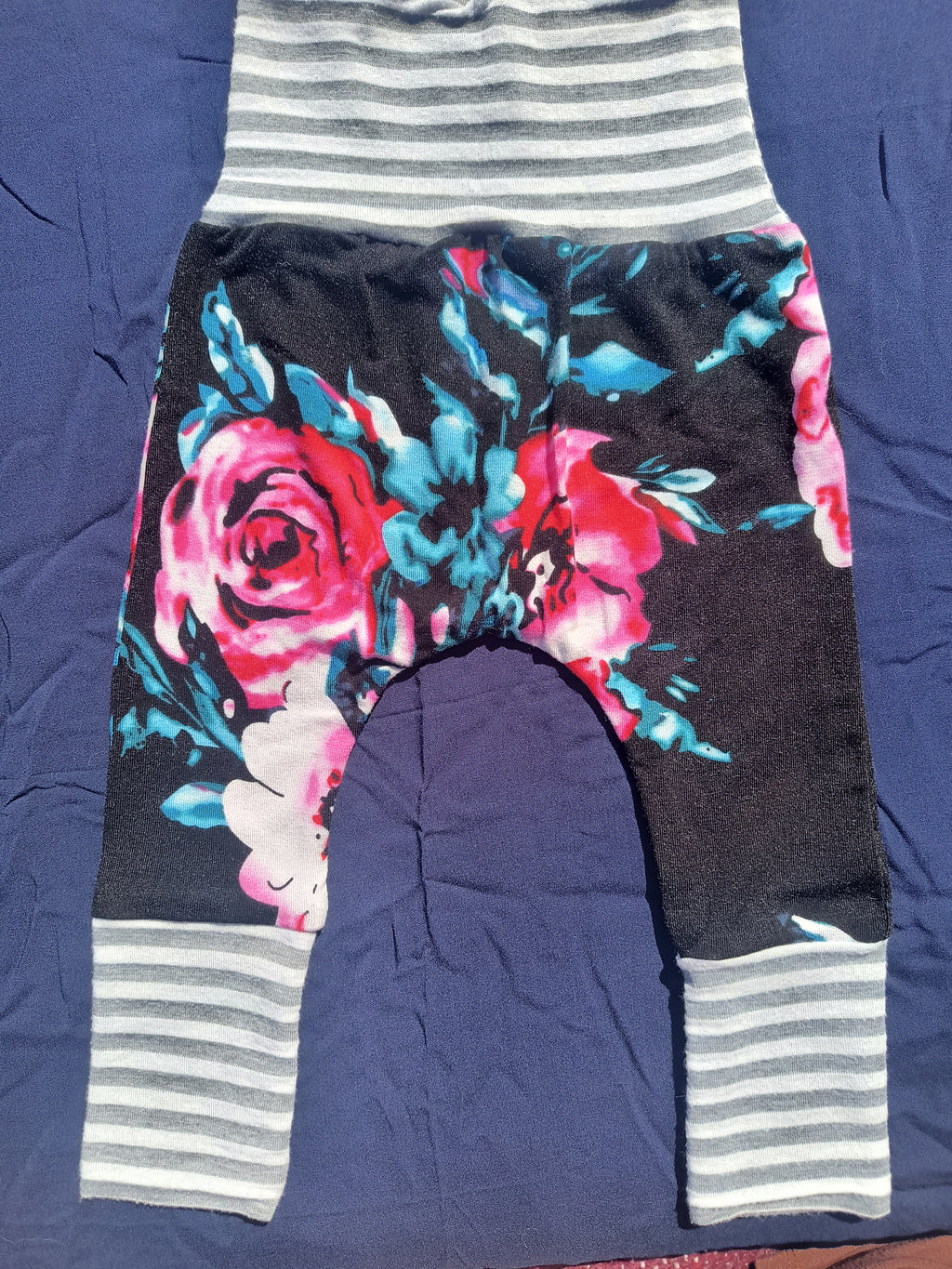 Black Floral with Grey Striped Bands, Growing Babies Harem Pants