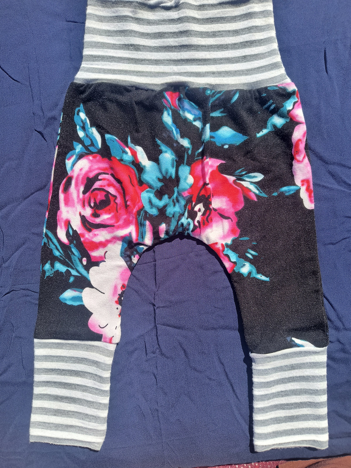 Black Floral with Grey Striped Bands, Growing Babies Harem Pants