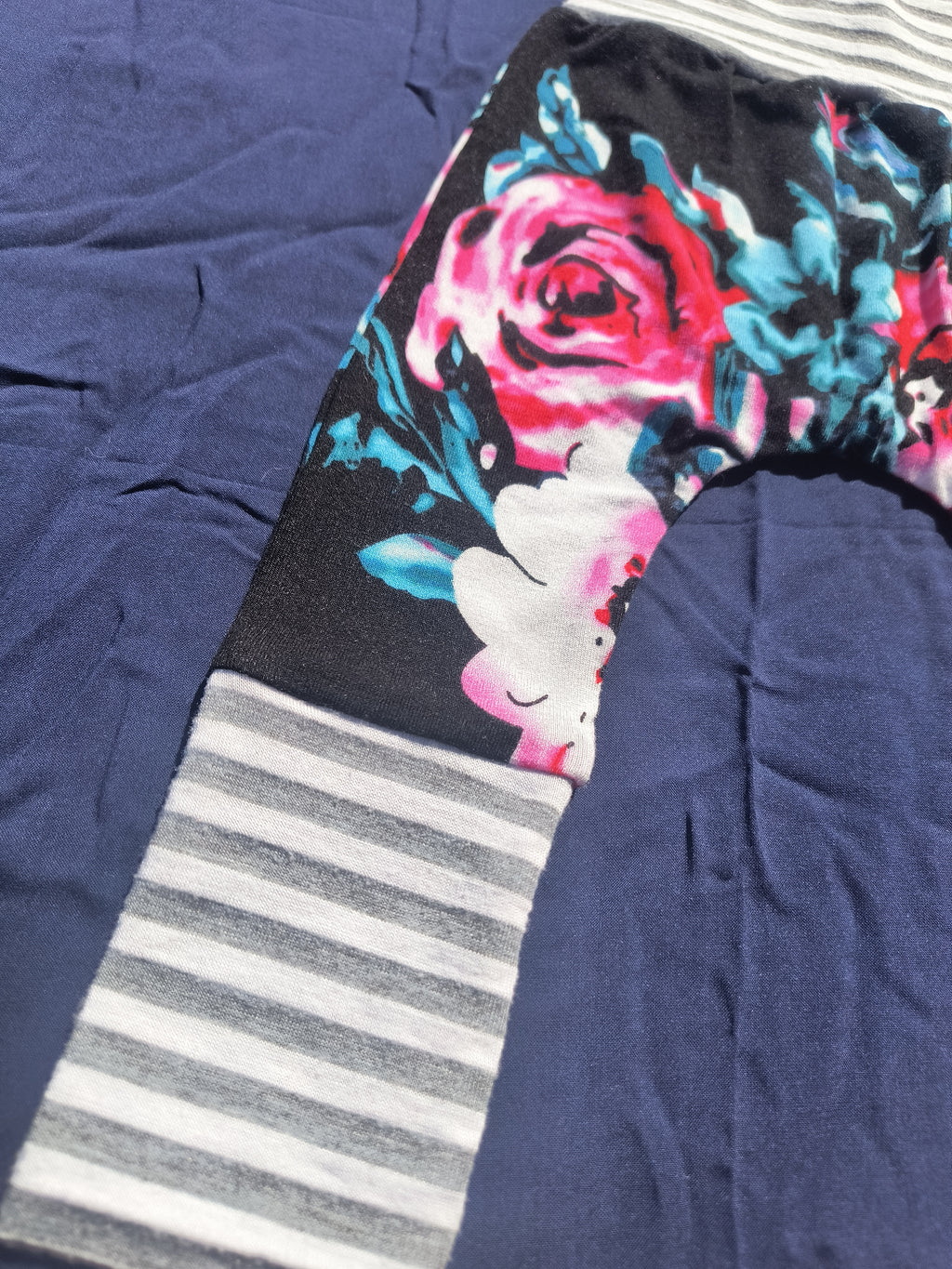 Black Floral with Grey Striped Bands, Growing Babies Harem Pants