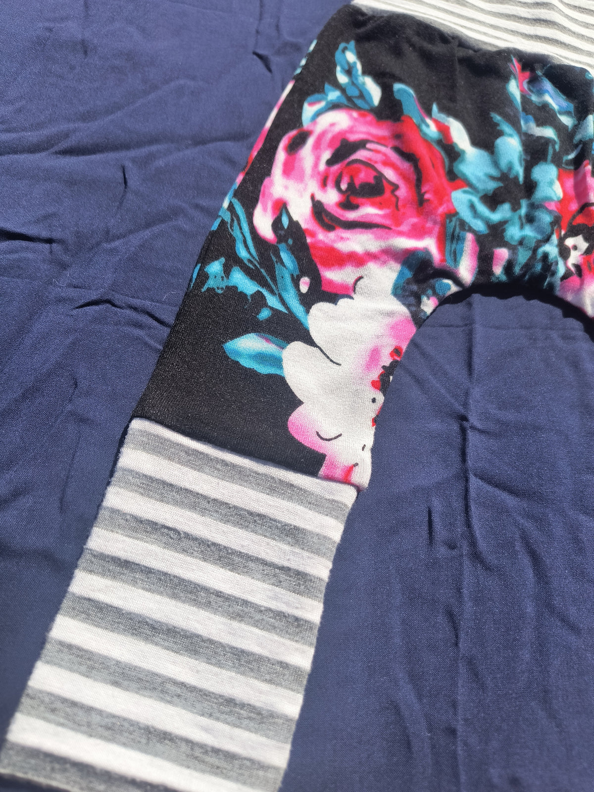 Black Floral with Grey Striped Bands, Growing Babies Harem Pants