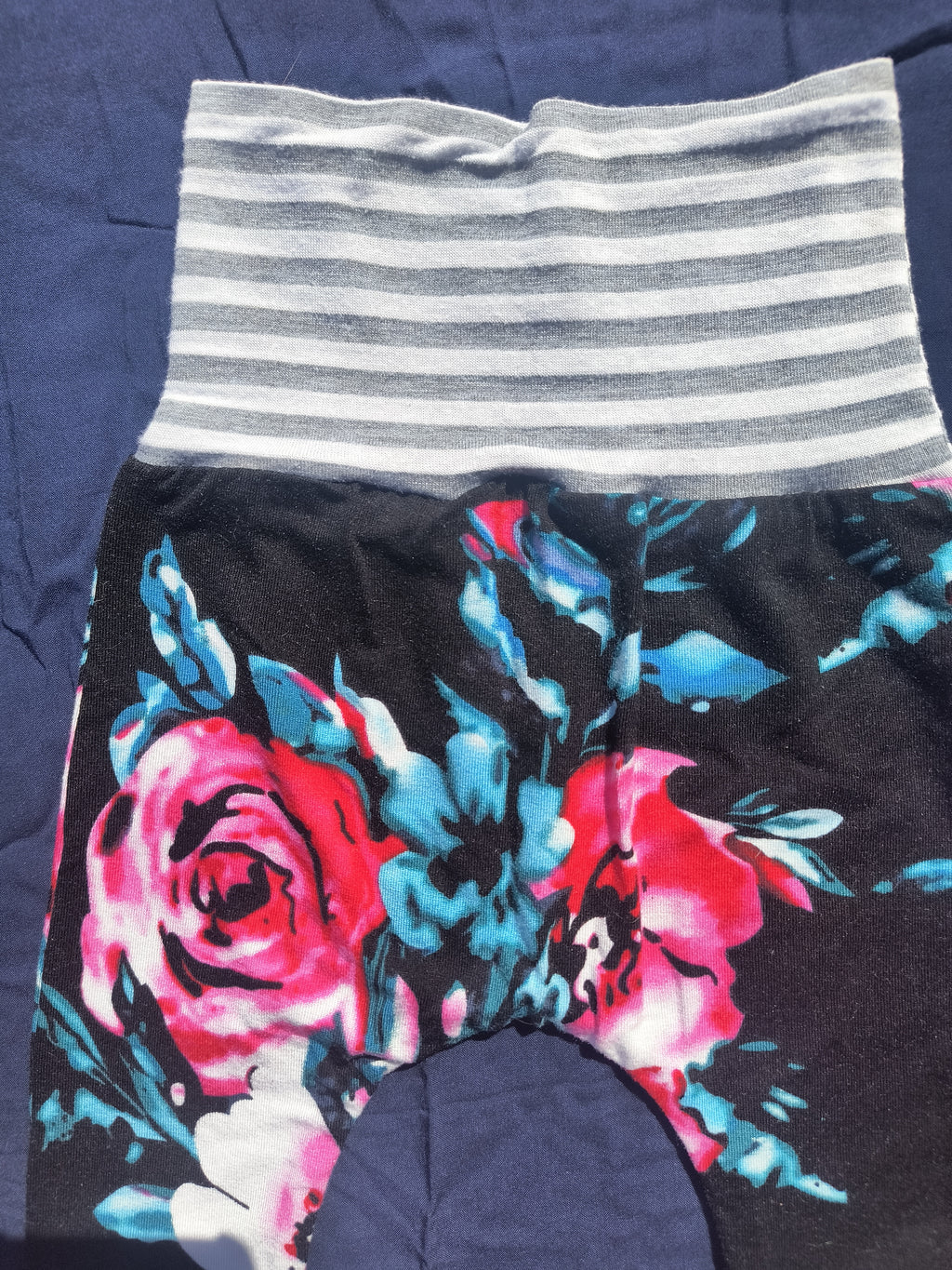 Black Floral with Grey Striped Bands, Growing Babies Harem Pants