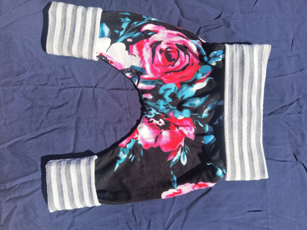 Black Floral with Grey Striped Bands, Growing Babies Harem Pants