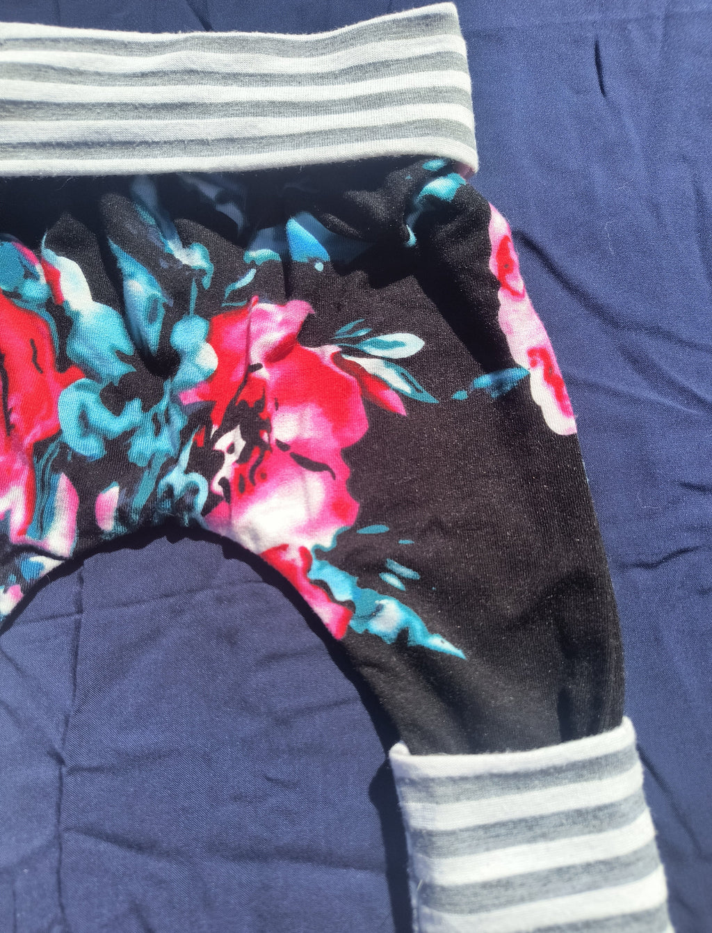 Black Floral with Grey Striped Bands, Growing Babies Harem Pants