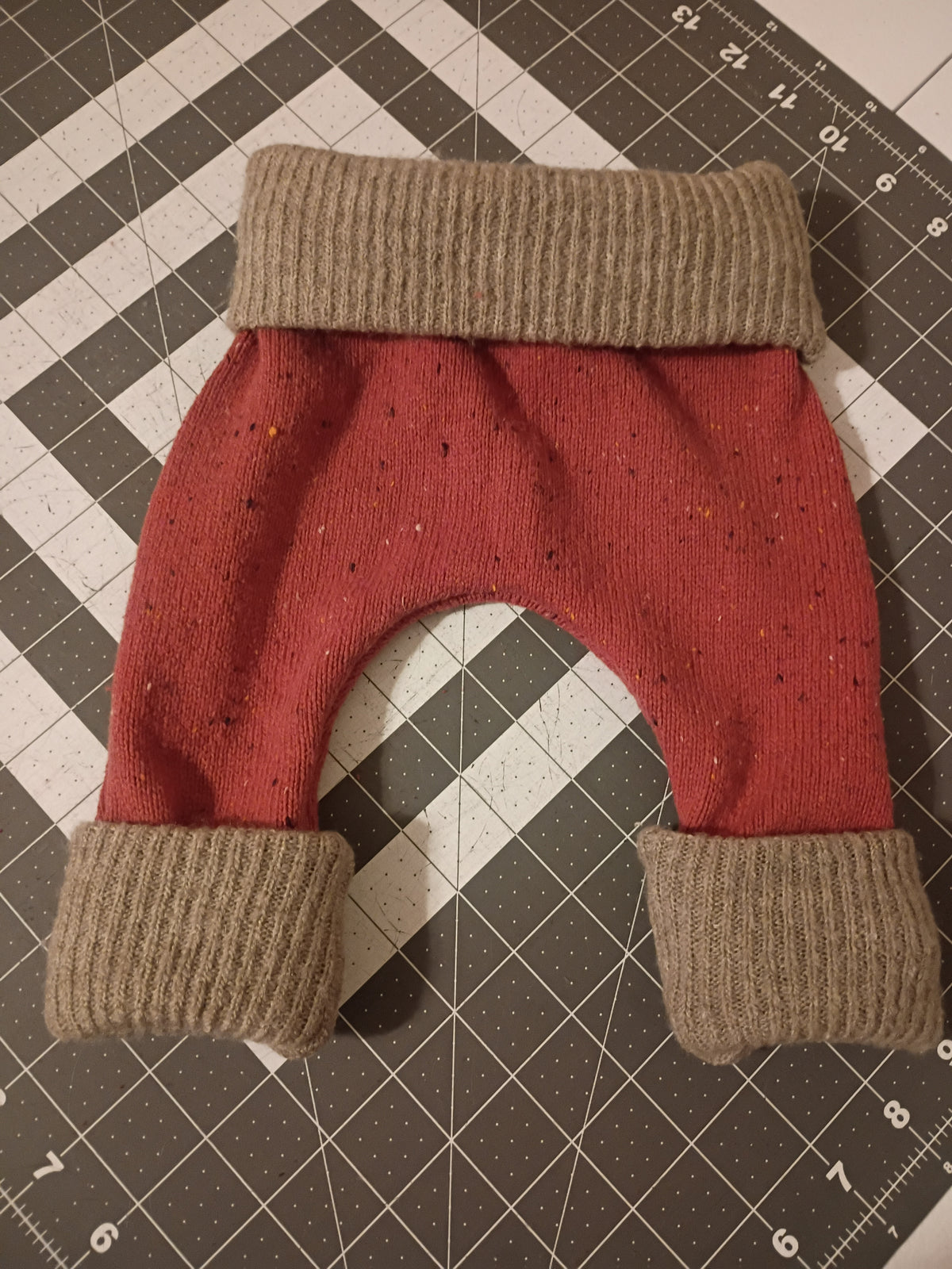 Burnt Orange/Red with Sage Green Bands, Growing Babies Sweater Buns